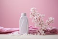 Bottle of laundry detergent, towels and beautiful flowers on wooden table. Generative AI Royalty Free Stock Photo
