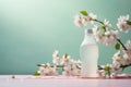 Bottle of laundry detergent, towels and beautiful flowers on wooden table. Generative AI Royalty Free Stock Photo