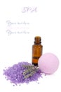 Bottle of lavender essential oil and spa salt bomb Royalty Free Stock Photo