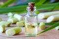 A bottle of lemon grass essential oil with fresh lemon grass