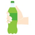 Bottle lemonade holding in hand. Refreshing drink. Vector illustration flat design. Isolated on white background. Plastic tarre. Royalty Free Stock Photo