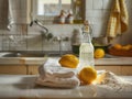 A bottle of lemonade sits on a counter next to a stack of white towels Royalty Free Stock Photo