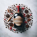 A bottle of Licor and Cafe surrounded by coffee beans and spices Royalty Free Stock Photo