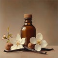 Bottle on light brown odoriferous background, vanilla flowers and hazelnut fruit Royalty Free Stock Photo