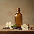 Bottle on light brown odoriferous background, vanilla flowers and hazelnut fruit Royalty Free Stock Photo