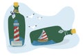 Bottle with lighthouse and sailboat inside, vector illustration