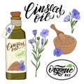 Bottle of linseed oil and flax flower elements