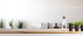 A bottle of liquid sits on a wooden shelf in the kitchen