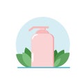 Bottle of liquid soap on a background of leaves in a flat style. cosmetics, hygiene, skin care, hand washing. icon sticker, poster