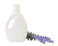 Bottle of liquid soap and lavender flower on white Royalty Free Stock Photo