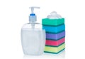 Bottle liquid soap and sponges isolated on white background Royalty Free Stock Photo
