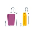 Bottle liquor and beer continuous line in linear style on white background. Black thin outline and color fill. Modern flat style