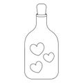 A bottle of love. Hearts are locked in a glass vial. Sketch. Vector illustration. Isolated white background. Coloring book.