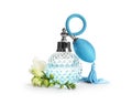 Bottle of luxury perfume and beautiful flower isolated on Royalty Free Stock Photo