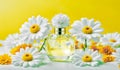 bottle of luxury perfume among daisies