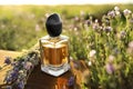 Bottle of luxury perfume and lavender flowers on wooden table Royalty Free Stock Photo