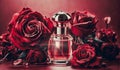 bottle of luxury perfume among roses