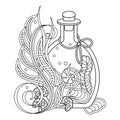 Bottle with a magic potion. Coloring page. Sea inside the vessel, plants and shells