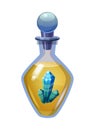 Bottle magic potion with crystal. Game icon asset, glass, liquid elixir, poisine, flask, Vector illustration cartoon for Royalty Free Stock Photo