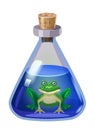 Bottle magic potion with frog. Game icon asset, glass, liquid elixir, poisine, flask, Vector illustration cartoon for Royalty Free Stock Photo