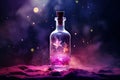 Bottle Of Magic Potion Glowing In Darkness With Mystery Night Starry Sky On Background. Glass Vial With Galaxy Elixir