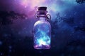 Bottle Of Magic Potion Glowing In Darkness With Mystery Night Starry Sky On Background. Glass Vial With Galaxy Elixir