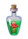 Bottle magic potion with mushroom. Game icon asset, glass, liquid elixir, poisine, flask, Vector illustration cartoon Royalty Free Stock Photo