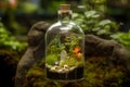 Bottle with magical green forest inside. Fairytale background. Generated AI Royalty Free Stock Photo