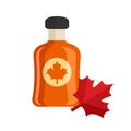 Bottle of maple syrup and red maple leaf. Vector illustration.