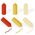 Bottle of mayonnaise, ketchup and mustard. Flat isometric.