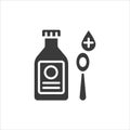 Bottle of medical syrup glyph black icon. Medical mixture in spoon and container. Treatment infectious diseases, colds, flu, cough