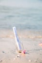 Bottle with a message or letter on the beach. SOS. Copy space. Help.