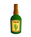 A bottle of Mexican alcoholic beverage tequila. The shape of the bottle and the label are invented.