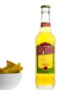 Bottle of Mexican Desperados beer with nachos