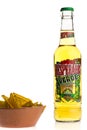 Bottle of Mexican Desperados Verde beer with nachos