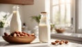 Bottle with milk, almonds on old background tasty kitchen refreshment raw vitamin