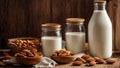 Bottle with milk, almonds on old rustic tasty concept product raw vitamin