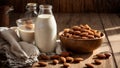 Bottle with milk, almonds on old rustic tasty kitchen refreshment raw vitamin