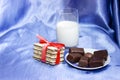 Bottle of milk with blue background and biscuit