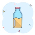 Bottle milk icon in comic style. Flask cartoon vector illustration on white isolated background. Drink container splash effect Royalty Free Stock Photo
