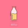 Bottle milk icon in comic style. Flask cartoon vector illustration on white isolated background. Drink container splash effect Royalty Free Stock Photo