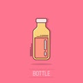 Bottle milk icon in comic style. Flask cartoon vector illustration on white isolated background. Drink container splash effect Royalty Free Stock Photo