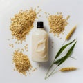 Bottle of milk next to bunch of oats and green leaf. Generative AI Royalty Free Stock Photo