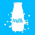 Bottle of milk, Splashes and blot, White minimalistic design, Vector logo, Simple flat illustration on blue background Royalty Free Stock Photo