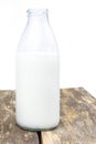 A bottle of milk on a wooden background. Copy sapce. Place for text