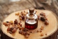 A bottle of myrrh essential oil with myrrh resin Royalty Free Stock Photo