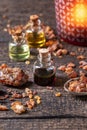 A bottle of myrrh essential oil and myrrh resin Royalty Free Stock Photo