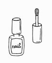 A Bottle with nail polish, bone. Isolated on a white background. Vector hand drawn liner. Icon. Nails polish bottle icon vector