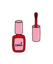 A Bottle with red nail polish, bone. Isolated on a white background. Vector hand drawn liner. Icon. Nails polish bottle