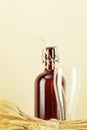 Bottle of home made beer and empty glass with bouquet of rye and wheat Royalty Free Stock Photo